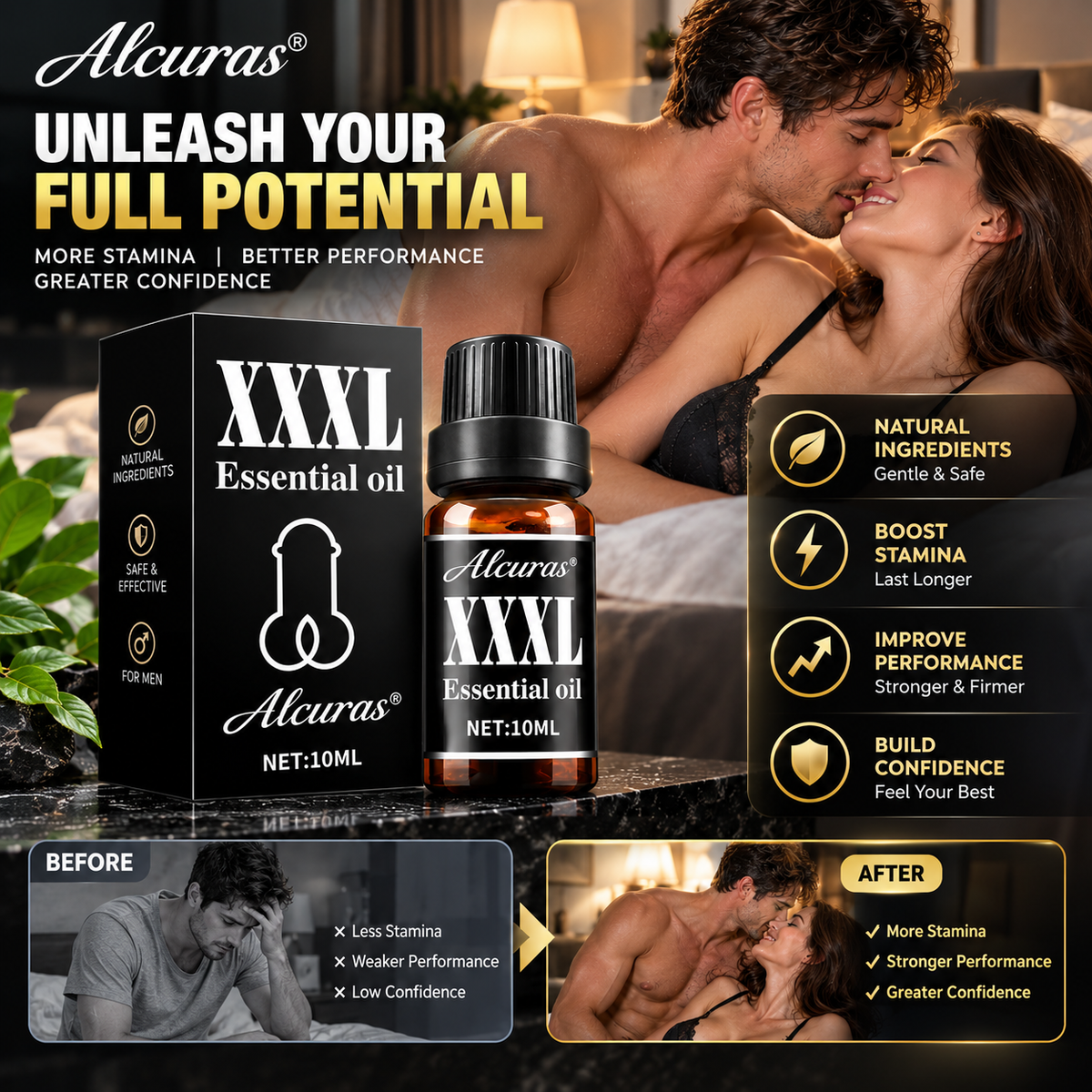 Alcuras® Massage Oil for Men (XXXL) 🔥 Extra Potent, Extra Long-Lasting