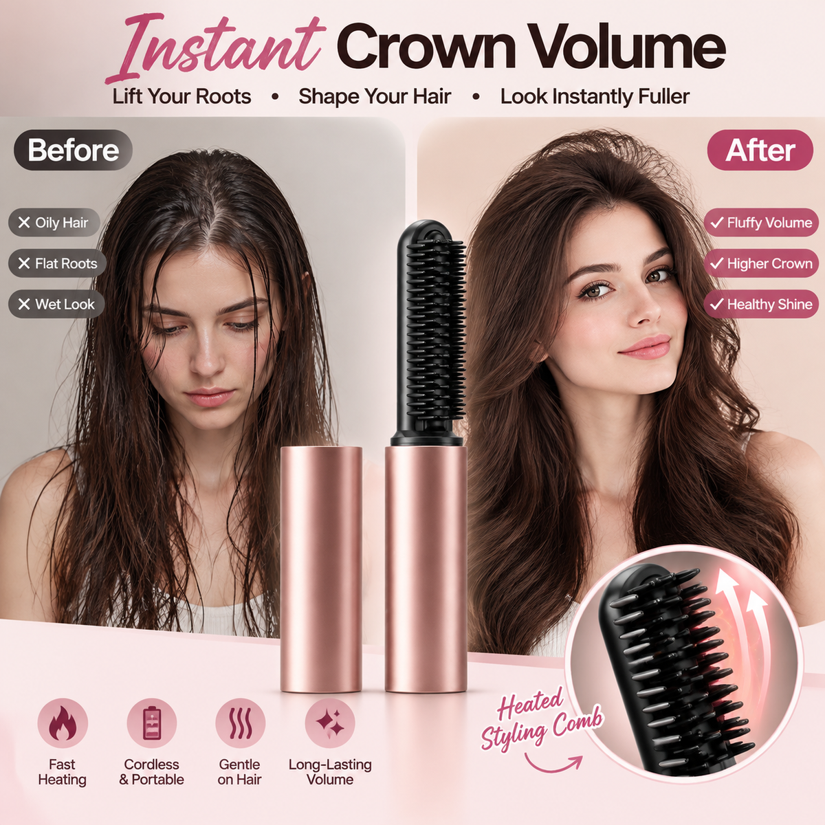 🔥Add Crown Volume Instantly! Cordless Heated Bangs Styling Comb