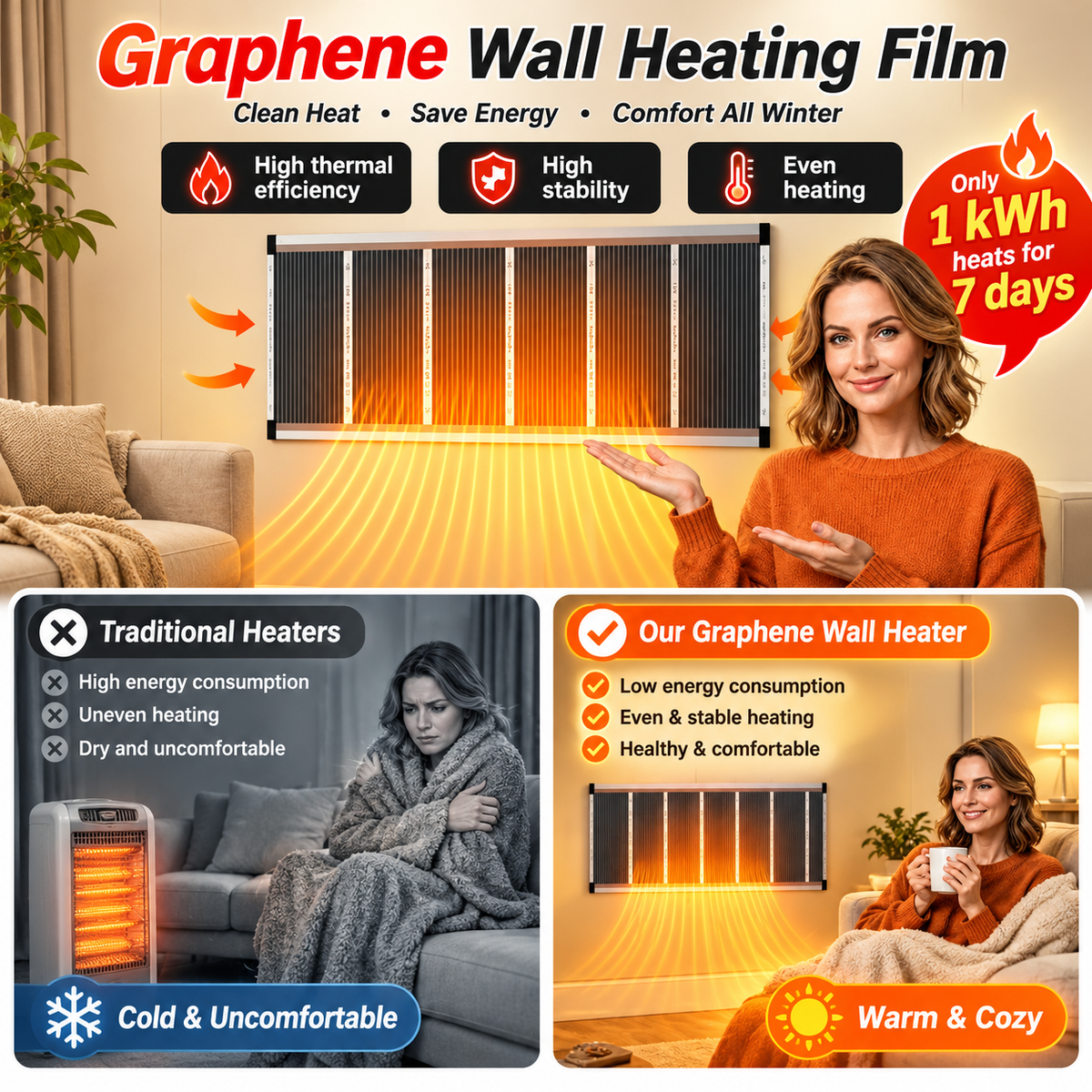 🔥3-Second Rapid Heating Honeycomb Graphene Far-Infrared Ceramic Wall Heater – Low Noise & Energy Efficient Indoor Wall Mount Heater